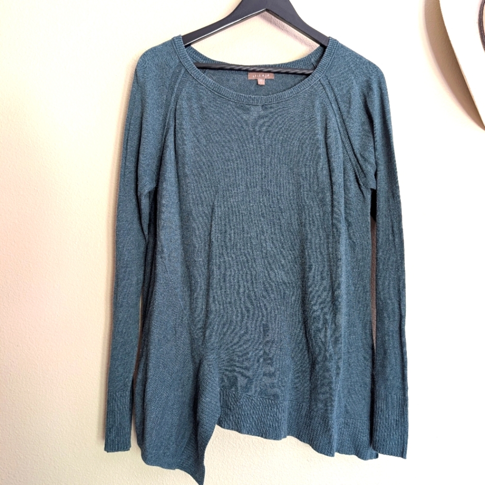 LILLA P Sweater Teal Blue Green Large assymetrical Hem Raglan Sleeve